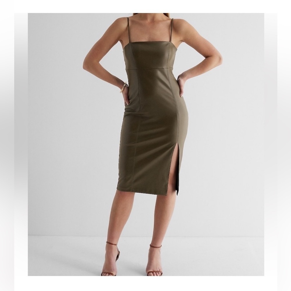 olive green Express faux leather cami midi dress